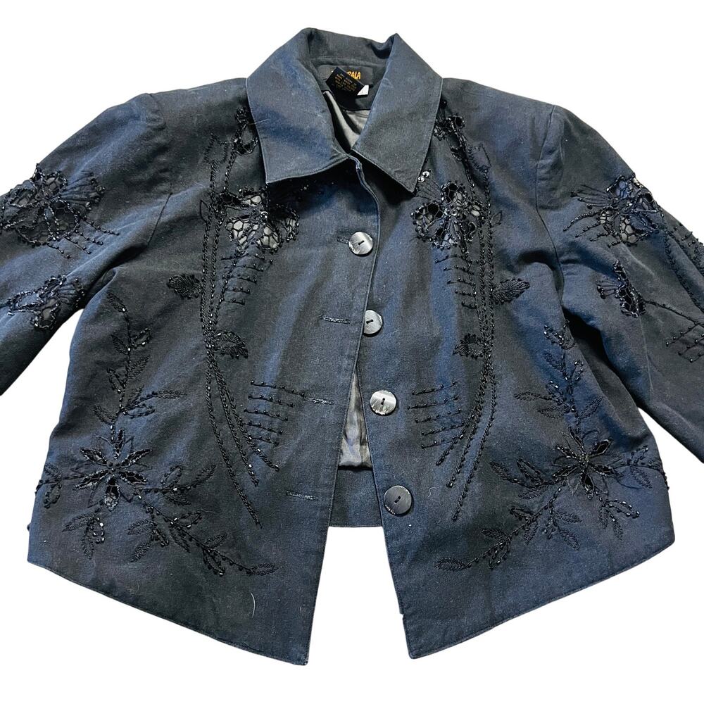 Vintage Bla Bala 100% Silk Black Floral Beaded Jacket Size S